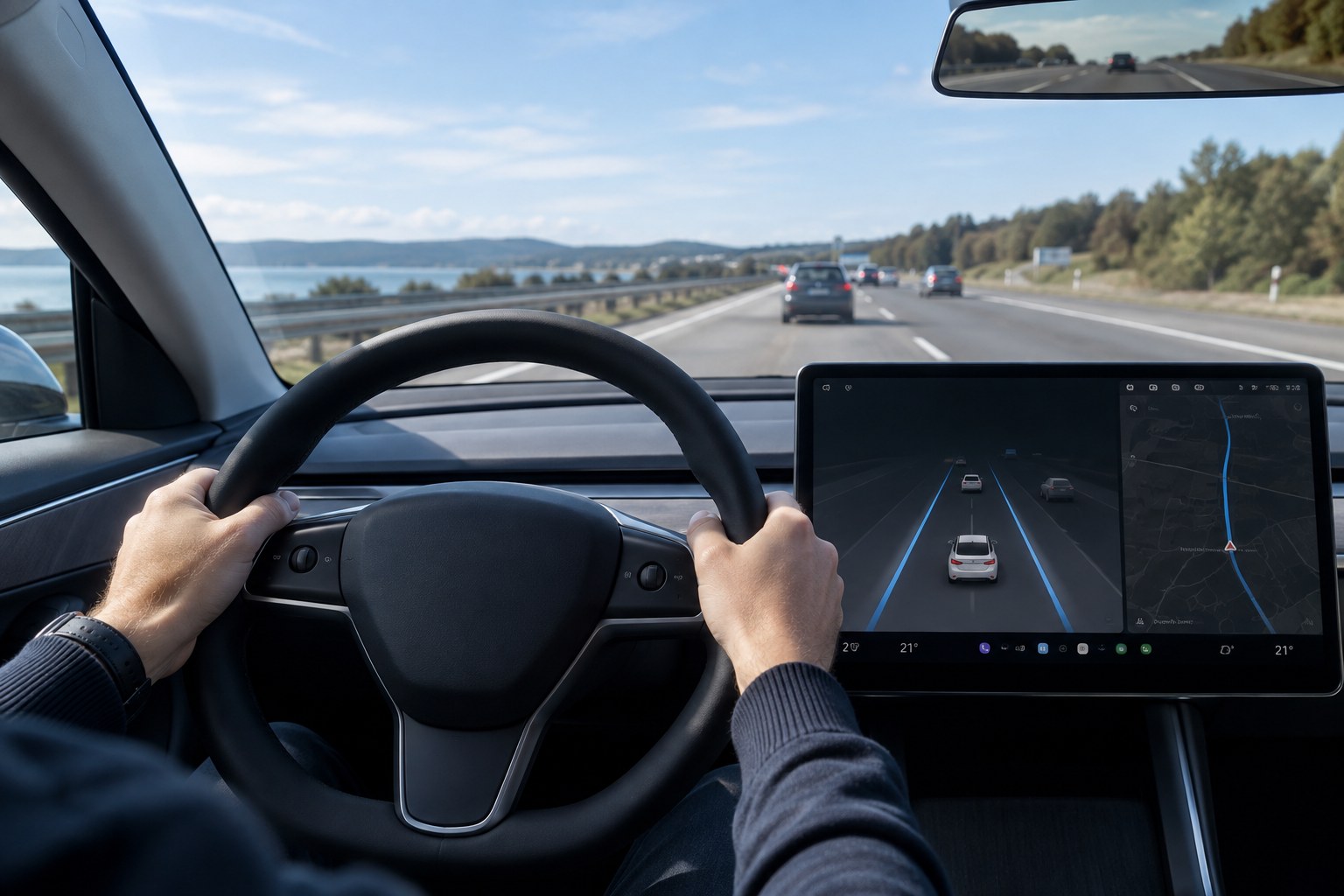 Tesla-rat og digitalt instrumentpanel set fra kabinen